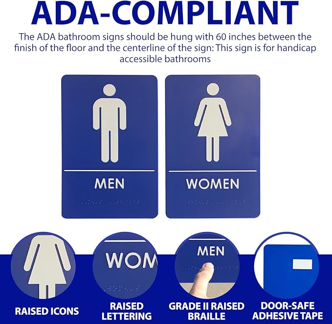 USA Made - Men's and Women's Restroom Signs ADA-Compliant Bathroom Door Signs for Offices, Businesses, and Restaurants, Black, Blue, Grey and Taupe/Tan Colors (Blue)