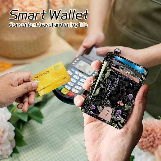 BWEGRHE Small Travel Wallets, Wild Flower Hummingbird Slim Minimalist Front Pocket Wallet with Wristlet, RFID Blocking PU Leather Credit Card Holder with ID Window Change Purse for Men Women