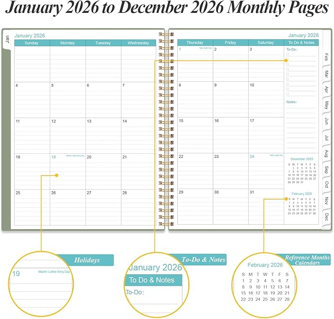 2026 Planner - Planner 2026 from January 2026 to December 2026 with 12 Monthly Tabs, Flexible Cover, Inner Pocket, 8.5" x 11", Green-A