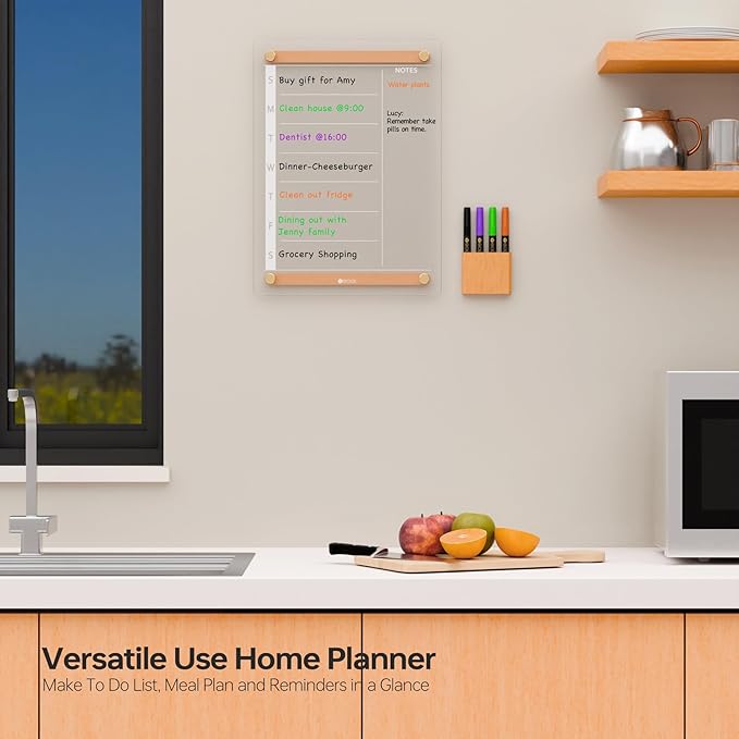 Clear Glass Weekly Dry Erase Calendar Whiteboard with Wood Decoration for Wall, Menu & Meal Planner White Board for Home Kitchen, 15x11, Wood Marker Holder and 4 Markers Included, Yeoux