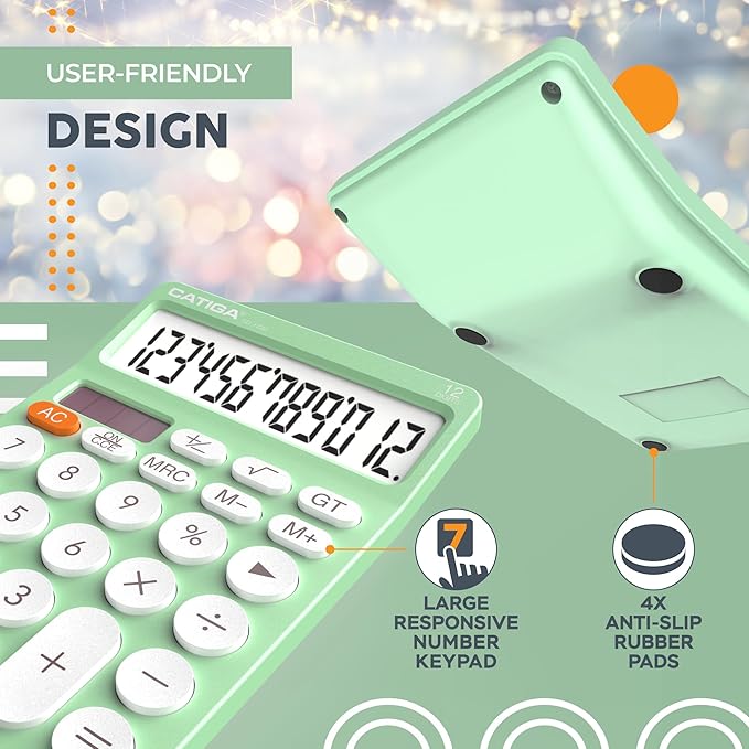 CATIGA 12 Digit Desktop Calculator Basic Desk Calculator with Large LCD Display, Big Buttons, 4 Function, Solar and Battery Dual Power, for Office, School, Home, SD-1292 Mint