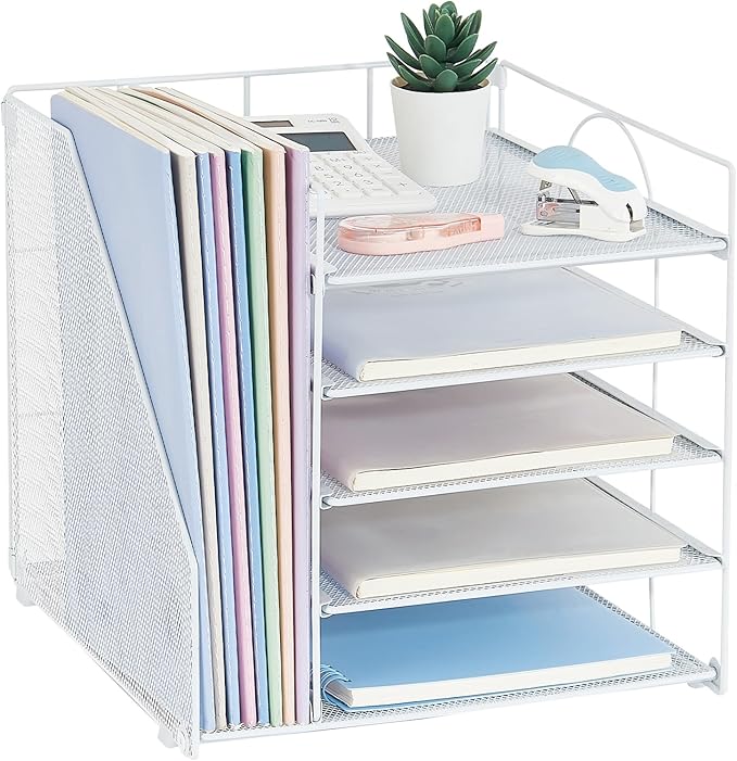 LEKETREE Desk Organizers and Accessories, 5-Tier Paper Letter Tray Organizer with File Holder, Desktop Organizer for Office Supplies (White)