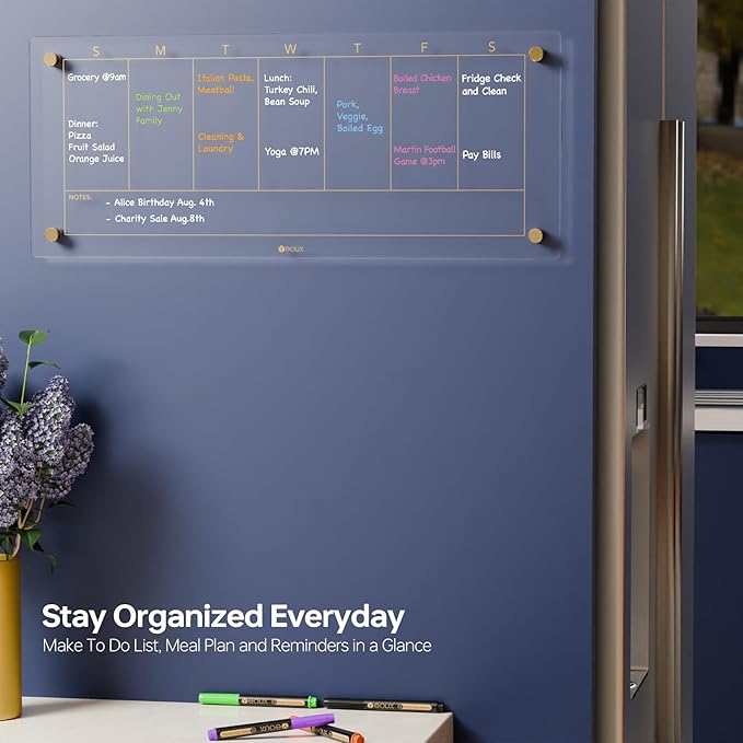 Clear Glass Weekly Dry Erase Calendar Non-Magnetic Whiteboard for Wall, 7 Day to Do List, Menu & Meal Planner White Board for Kitchen Home Office, 23x9.5, 4 Markers Included, Yeoux