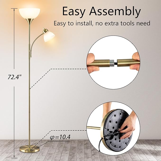 Floor Lamp, Dimmable Standing lamp, Stepless Dimming Brightness, Included 9W and 5W LED Bulbs, Industrial Floor Lamp for Living Room, Bedroom, Office, Reading