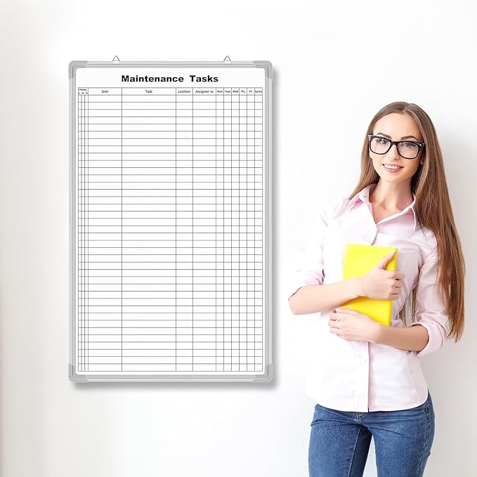 Lined Whiteboard Blank Grid Aluminum Frame Dry Erase Board Reusable Wall Mounted Board for Scheduling, to Do Lists Weekly Planning Home Work(36 x 24 Inch,Vertical Maintenance Tasks)