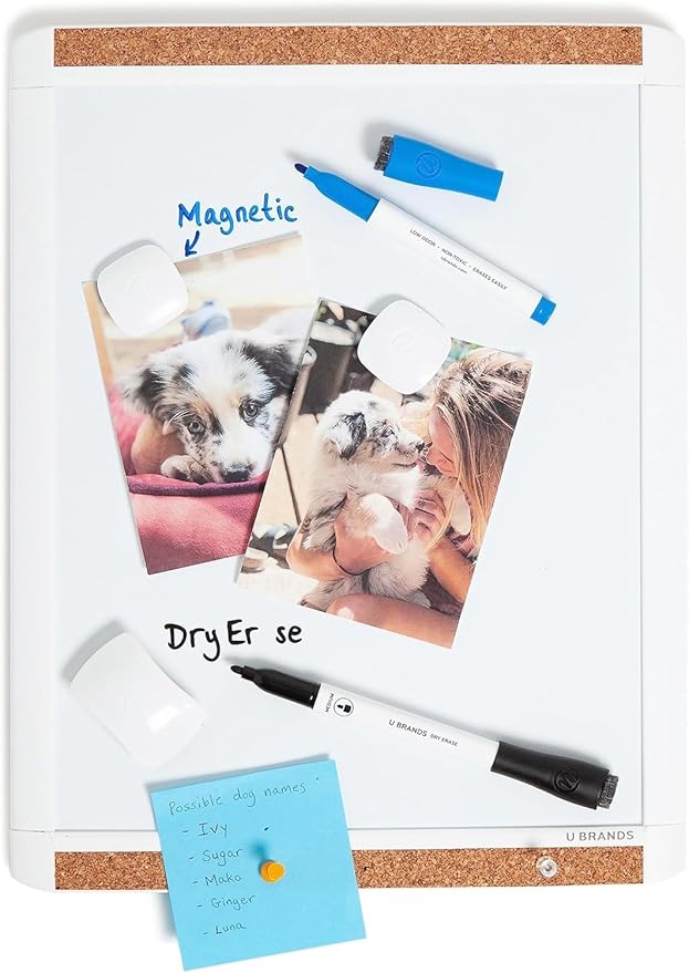 U Brands Contempo Magnetic Dry Erase Board, PINIT White Board, 11" x 14" Inches, White Plastic Frame Includes Markers, Magnets, Mini Eraser, Push Pins