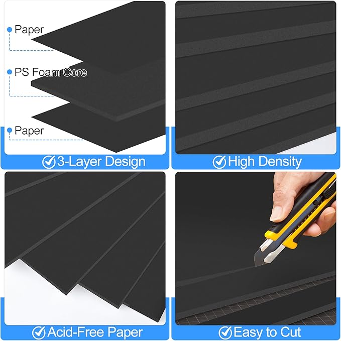 ToLanbbt 12 Pack Black Foam Board, 24 x 36 x 3/16" Thick Foam Core Acid Free Poster Foamboard for Art Craft Projects, Painting, Displaying, Signage, Wedding, School