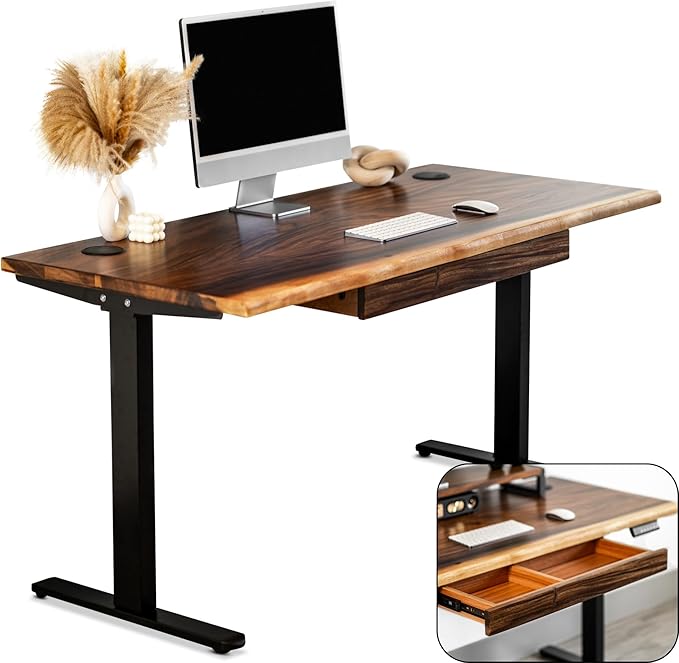 Standing Desk with Drawer – Walnut Solid Wood Desk, Natural Live Edge, Adjustable Height Dual Motor, Sit Stand for Home Office (Black, W60 x D27)