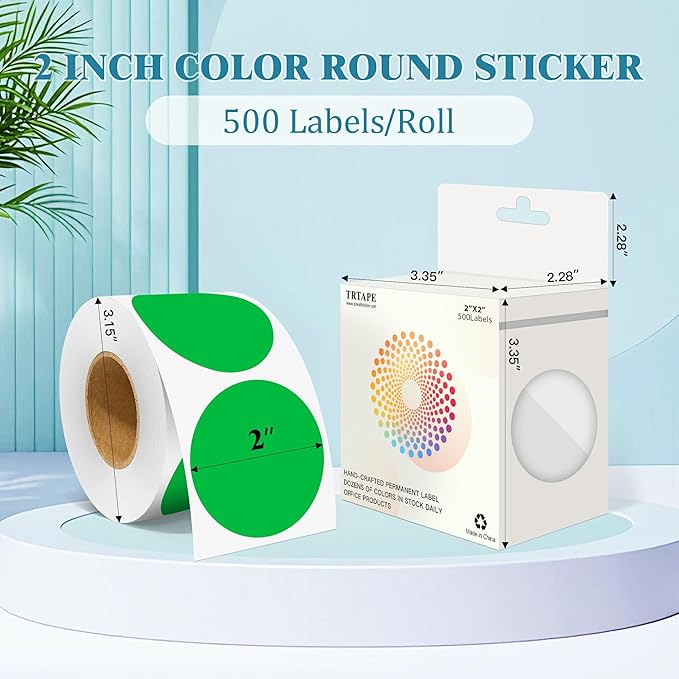 2 Inch Round Color Coding Labels (500 Count) - Green Dot Stickers Circle Labels with Dispenser Box for Warehouse, Filing, Industrial, Office Organization