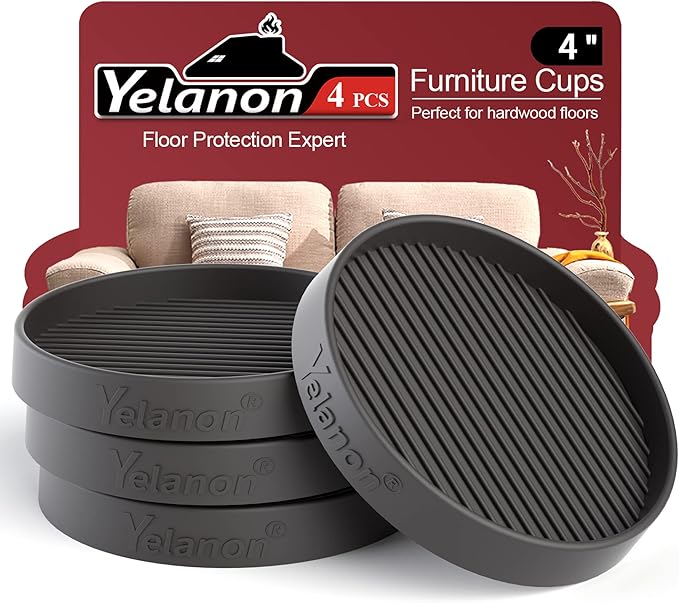 Yelanon Furniture Coasters - 4 Pcs 4”Round Furniture Caster Cups - Non Slip Pads Hardwood Floors Non Skid Grippers Rubber Furniture Feet - Anti Slide Floor Protector for Bed Couch Stoppers Black