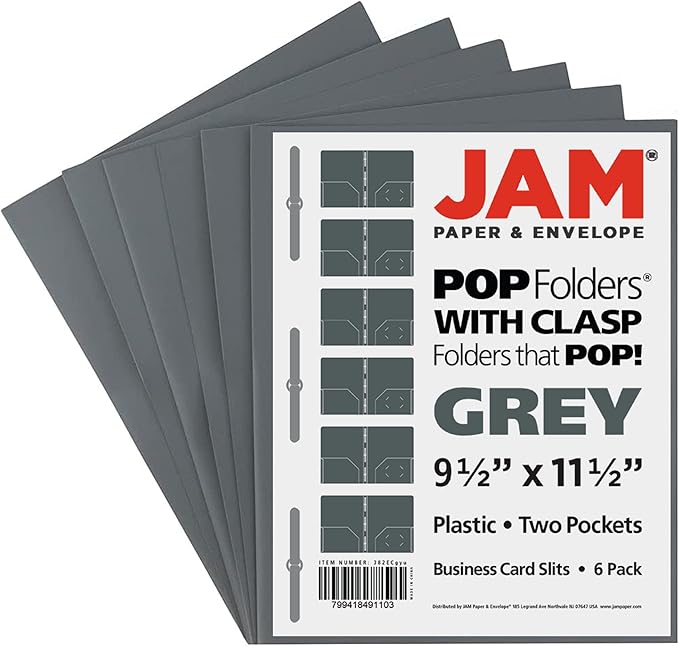 JAM PAPER Plastic Color POP Folders - 2 Pocket Durable Folders with Metal Prongs Fastener Clasps - Grey - 6/Pack