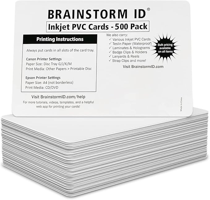 Inkjet PVC Cards (500 Pack) - Inkjet Printable PVC ID Cards with Brainstorm ID's Enhanced Ink Receptive Coating - Waterproof and Double Sided Printing - Works with Epson and Canon Inkjet Printers