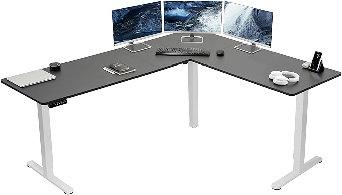 VIVO Electric Corner 75 x 63 inch L-Shaped Standing Desk, Memory Height Adjustment, Black Top White Frame, DESK-E3CTWB-75