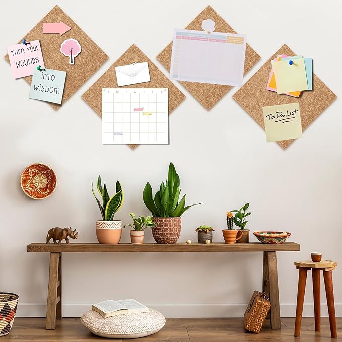 Bouiexye Felt Cork Board Tiles 6 Pack Grey Brown Boards 12"x12" - 1/2" Thick Corkboards for Wall Bulletin Board Self Adhesive with 100 Push Pins for Wall School Home Office