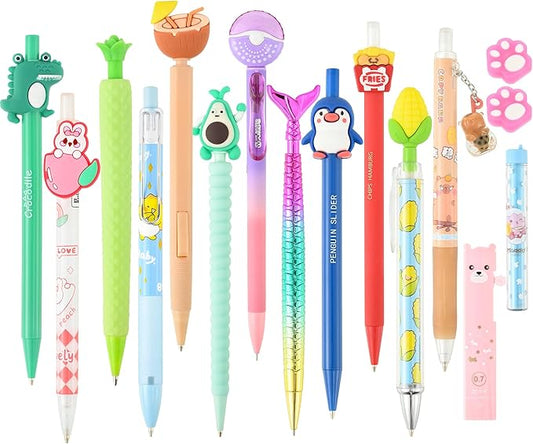 Jollin 12PCS Cute Kawaii Mechanical Pencils Set with Lead Refills and Erasers, 0.5mm & 0.7mm Point, Bulk Mechanical Pencils for Kids Girls