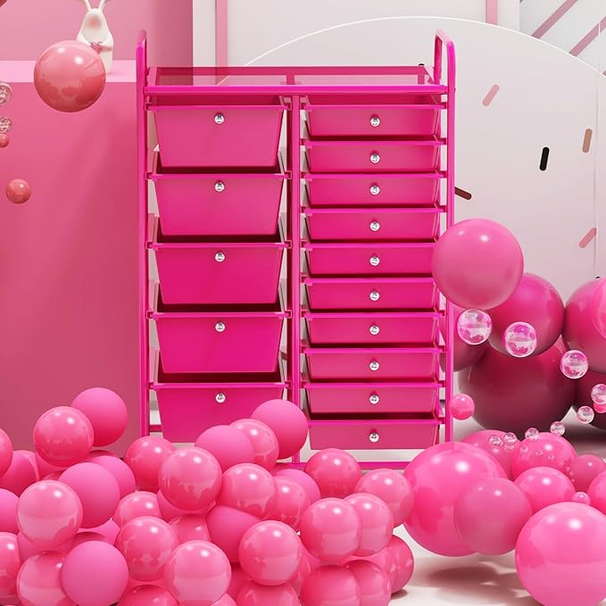 GOFLAME 15-Drawer Rolling Storage Cart, Craft Storage Cart with Removable Drawers & Lockable Wheels, Art Cart Supply Storage Organizer for Home Office Classroom, Hot Pink