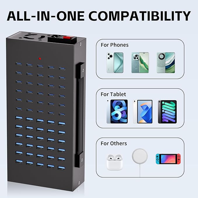 400W USB Charging Station, 60 Port USB C Charging Station for Multiple Device, Multi USB Desktop Charger Station with Smart IC Protection, Suitable for Home, Office, Hotels, Schools