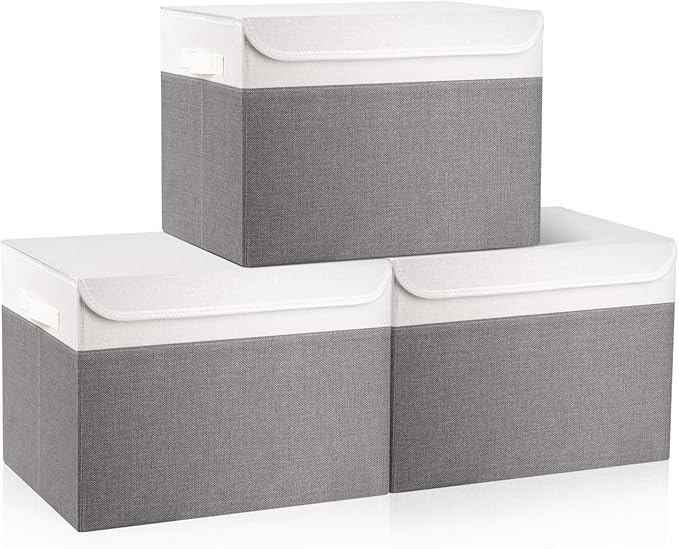 Bagnizer Large 17" 42 Quarts Collapsible Stackable Storage Bins with Lids [3-Pack] Foldable Fabric Linen Storage Boxes Cube, Closet Organizer Baskets with Label (16.7 x 12 x 12, Gray & White)