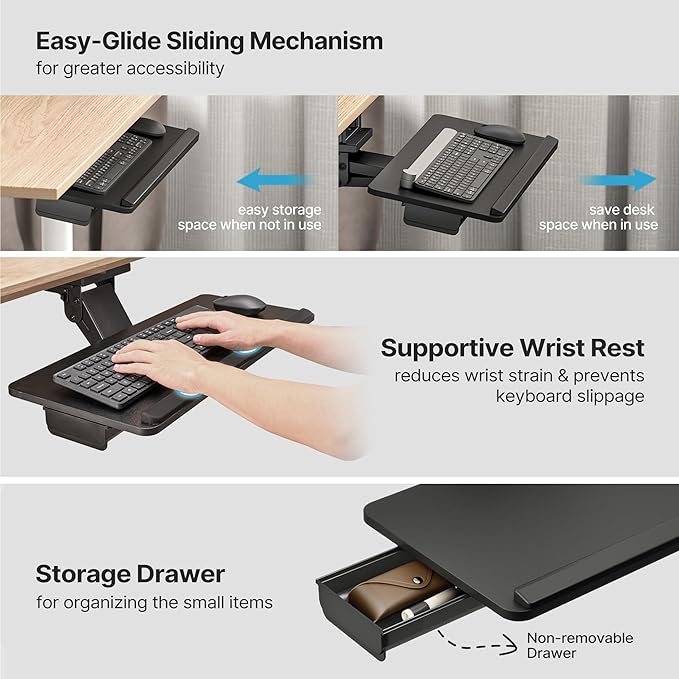PEGZONE Keyboard Tray Under Desk with Storage Drawer, Height Adjustable Keyboard Tray Slide Out Swivel Tilt, Ergonomic Under Desk Mount Keyboard & Mouse Holder for Gaming Home Office, 25x11'', Black