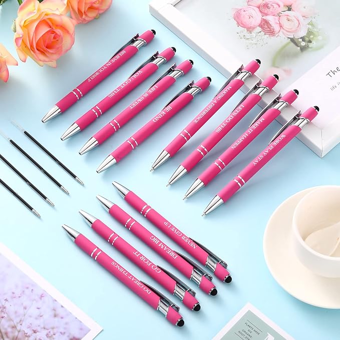 Zonon 12 Pcs Inspirational Pens Bulk Funny Ballpoint Pen with Stylus Tip Motivational Gifts for Valentine's Day Teacher Coworkers Nurse School Office Supplies(Pink,Motivational Style)