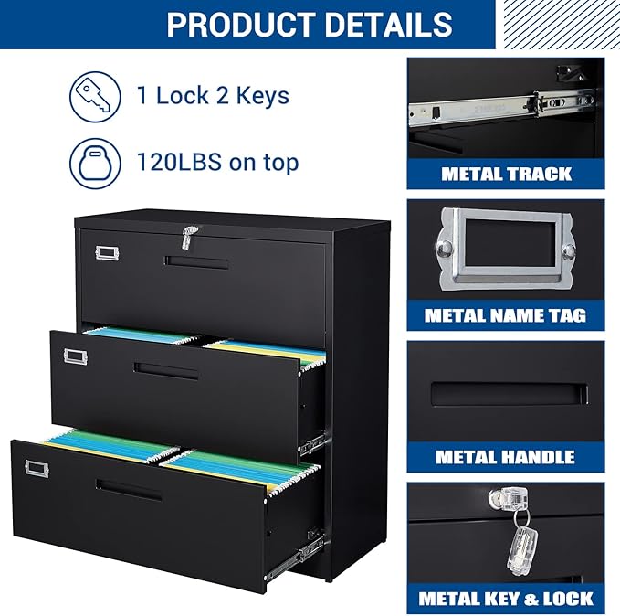 Fesbos Lateral File Cabinet with Lock, 3 Drawer Large Metal Filing Cabinet,Home Office Lockable Storage Cabinet for Hanging Files Letter/Legal/F4/A4 Size-Assembly Required