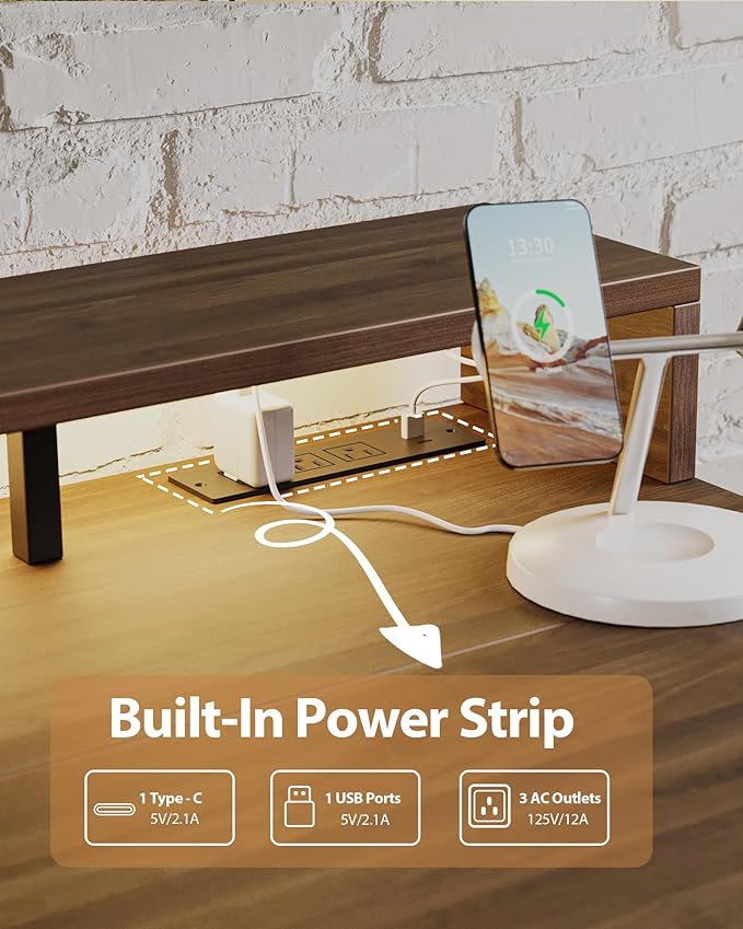 Electric Height Adjustable Standing Desk with Power Outlet and LED Light Strip, Sit to Stand, Ergonomic 48x24" Rising Desk with Memory Presets, Home Office Workstation, Computer Gaming Table, Walnut
