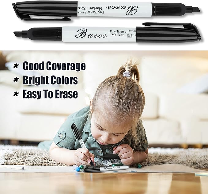 Buecs Black Dry Erase Markers, Low-Odor, 108 Count, Chisel tip, Perfect for Writing on Whiteboards, Dry-Erase Boards, Glass, School Office Supplies