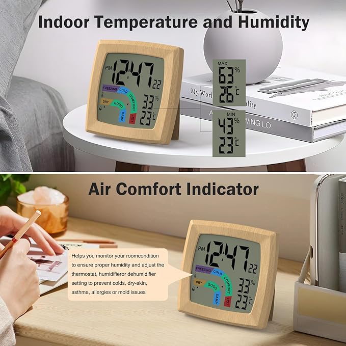 VOILEIPAGI Travel Alarm Clock Bedside Clock with Auto Backlight, Battery Powered Alarm Clock Temperature and Humidity, Second, Date, 12/24H, Wood Grained Small Clock Digital Alarm Clocks for Bedrooms