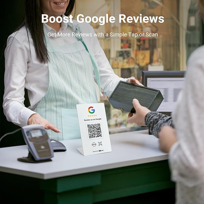 HotLabel Review Stand 1-Pack + Bonus Review Tap Card 1-Pack + For Boosting Business Reviews + White + NFC Tap & QR Code + Supports 2 Different Stores or Same + No App/No Subscription