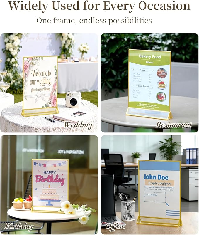 Dynta Acrylic Sign Holder 8.5x11 8pck Clear Table Display Stands Double Sided Table Sign Holders, Menu Holder for Wedding, Party, Office, Store, Home Use (Gold Frame)