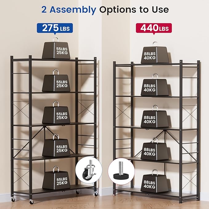 ALANNG 40" W Foldable 5-Tier Storage Shelves with Wheels, Adjustable & Removable Metal Rack, Heavy Duty Rolling Organizer for Kitchen, Garage, Closet, Pantry, and Office (Black,1 Pack)