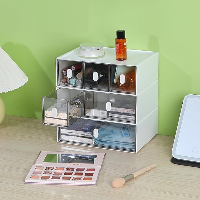 OSteed Desktop Drawers, Desk Organizer with 3 Drawers & Upright Handles, Stackable Plastic Storage Box for Home Collection, Cosmetics, Office Supplies (1 Tall Layer, White & Clear)