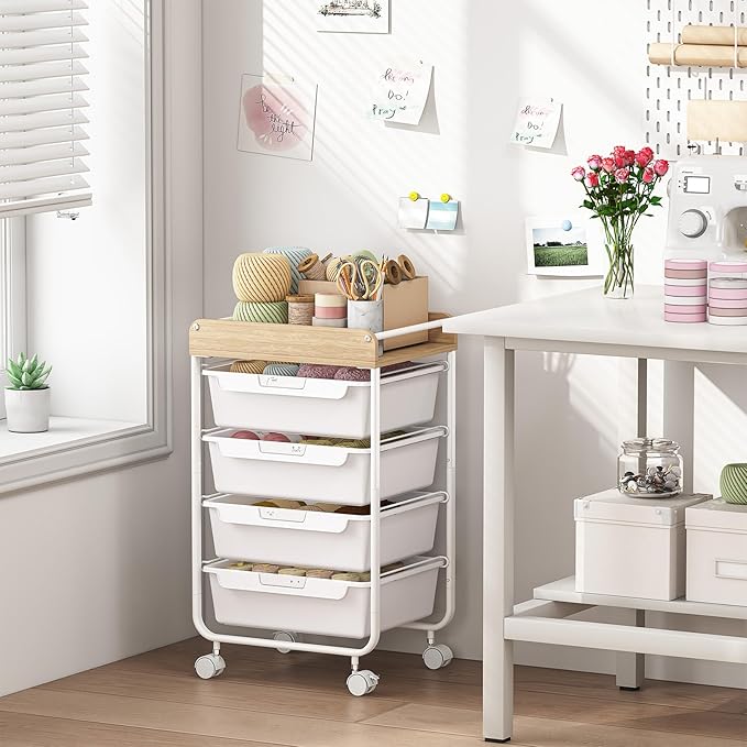 Rolling Storage Utility Cart With 4 Drawers,Kids Craft Art Cart,Makeup Organizer And Storage with Wooden Tabletop,White