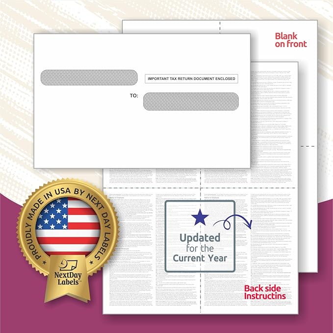 NextDayLabels - W-2 4-Up Employee Tax Forms, Instructions on Back" for 2025, for Laser/Inkjet Printer. Compatible with QuickBooks and Accounting Software ETC. (Pack of 25 Sheets & Self Seal Envelopes)