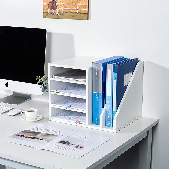PAG Wood Desktop File Holder Organizer Mail Sorter, White, 15.35" W x 12.16" D x 11.81" H