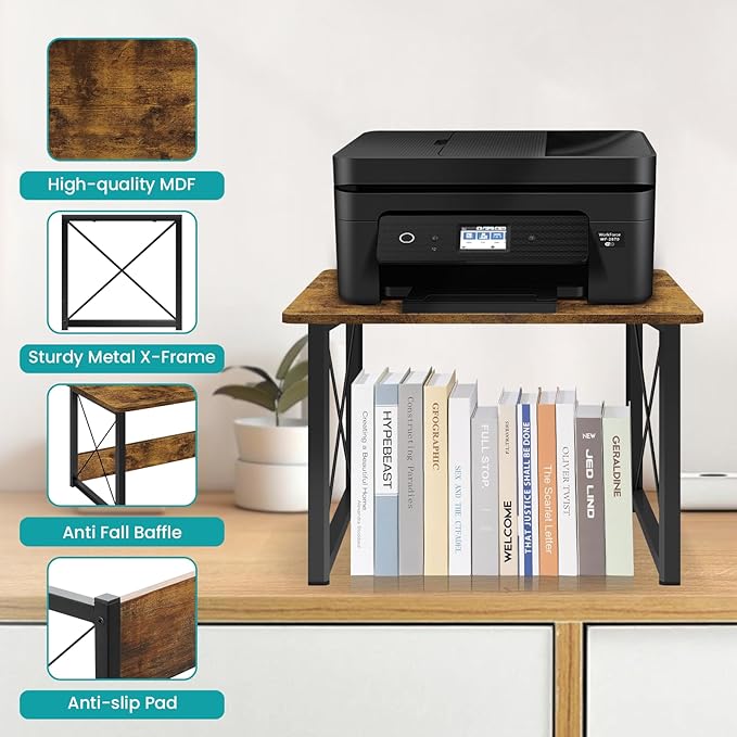 ELITEROO Desktop Printer Stand with Storage, Printer Stand Shelf Desk Organzier for Home/Office, Multi-Purpose Printer Riser Under Desk Small Table for Printer Fax Machine Copier (Rustic Brown)