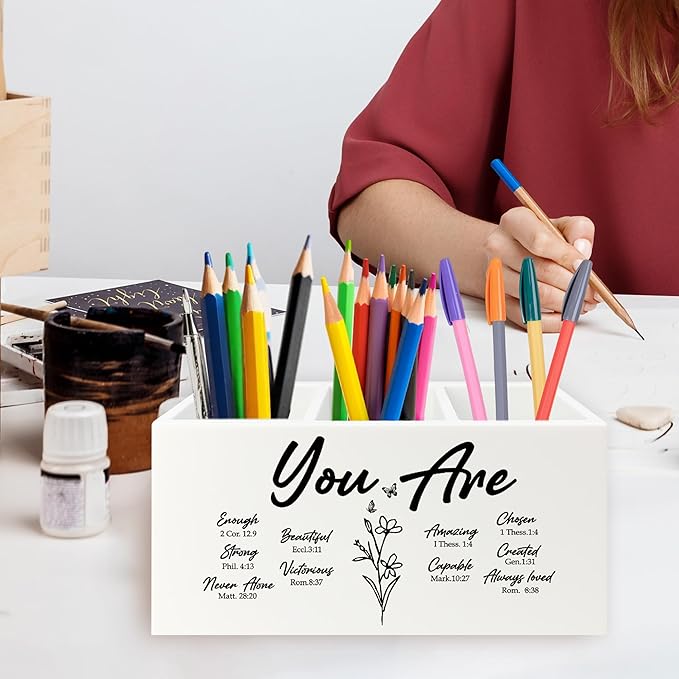 QZQE You Are Christian Pen Pencil Holder Organizer for Desk, Christian Gifts for Women, Floral Inspirational Bible Verse Wooden Box Signs Decorations for Home Office Desk Tabletop