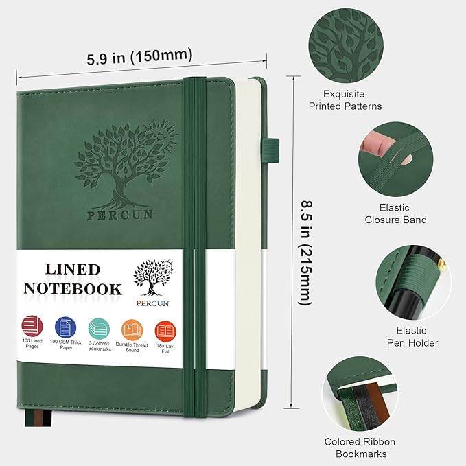PERCUN Lined Journal Notebook for Men & Women, 160 Pages College Ruled Journal for Writing, A5 Hardcover Leather Notebooks for Work, School, Business, Travel, Daily Diary 5.9" x 8.5" (Green)