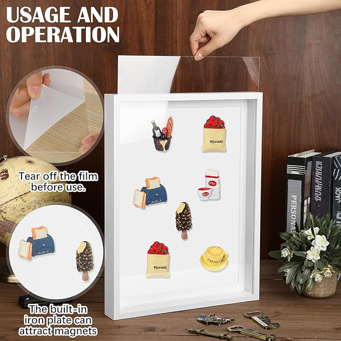 Vicenpal 1 Pcs Large Magnetic Board 16" x 12" Magnet Display Board Removable Souvenir Fridge Magnet Frames Case for Wall Dust Proof Magnetic Shadow Box for Wall Table Refrigerator (White)