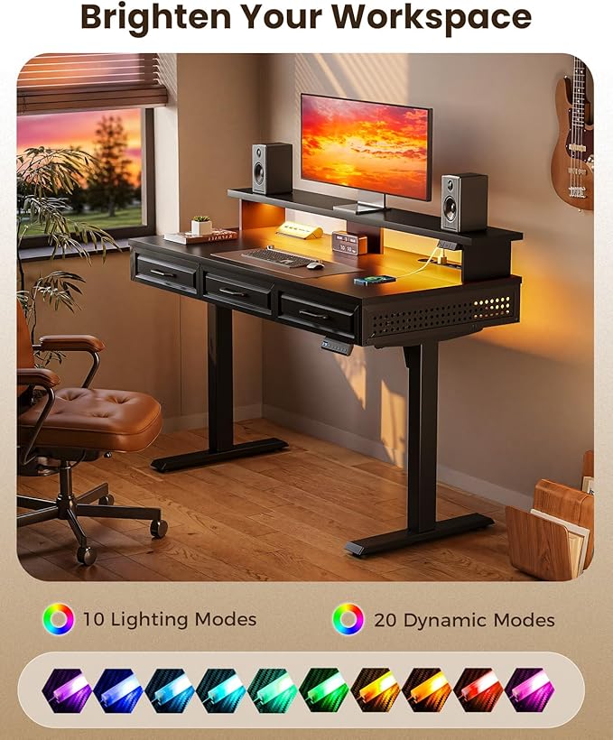 OffiGo Electric Standing Desk with 3 Wooden Drawers, 48 Inch Height Adjustable Desk with Power Outlets & LED Lights, Black Sit Stand Table with Monitor Stand for Home, Office, Workstation