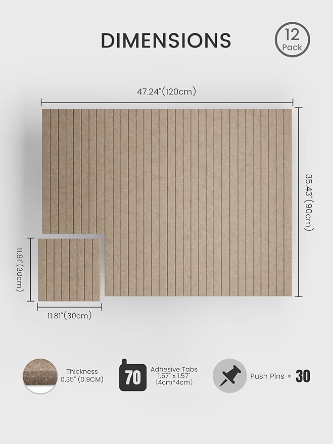 Bumusty Large Cork Board Alternative-47 x35 Felt Bulletin Board Tiles, with 30 Pushpins, 70 Adhesive Tabs, 12-Pack Slat Wall Paneling, Cork Boards for Office Push Pin Board Felt Board-Dark Camel