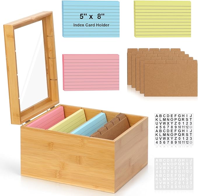 5x8 Index Card Holder with Dividers Bamboo Index Card Storage Box 4 Compartments Recipe Card Box with Lid 150 Index Flash Cards 25 Index Card Dividers 2 Letter Smile Stickers for Office Business Home