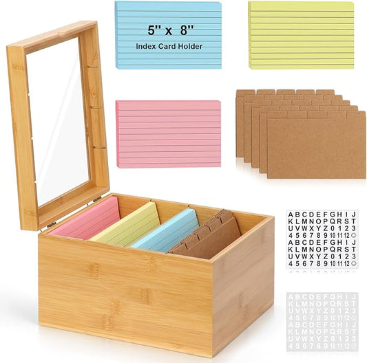 5x8 Index Card Holder with Dividers Bamboo Index Card Storage Box 4 Compartments Recipe Card Box with Lid 150 Index Flash Cards 25 Index Card Dividers 2 Letter Smile Stickers for Office Business Home