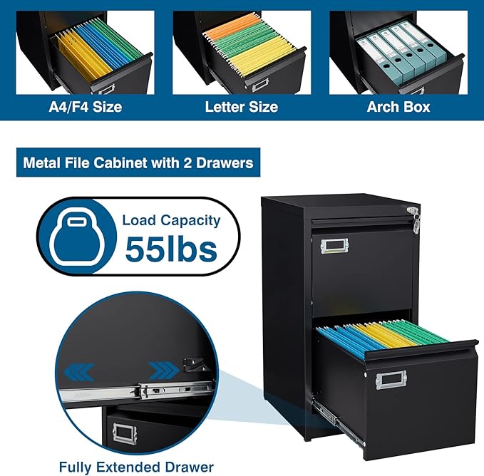 PEUKC 2-Drawer File Cabinet, 16.3" Deep Vertical Metal Filing Cabinet with Lock for Home Office, Anti-Tip 2 Storage Drawers for Letter/Legal/A4/F4 Size (Assemble Required, Black)