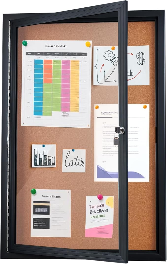 Homezelle Enclosed Cork Bulletin Board 36"x24" Outdoor Weatherproof Cork Noticeboard with Locking Door Wall-Mounted Black Aluminium Frame for Home, School, Office, Community, Hospital