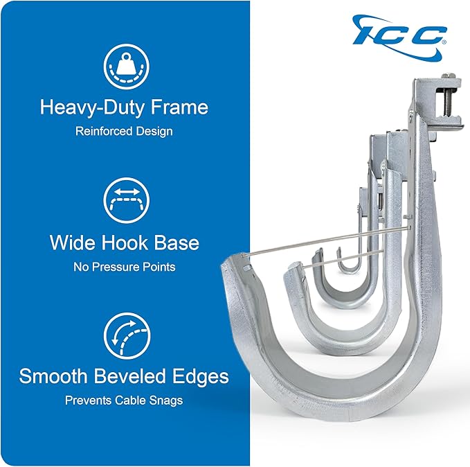 ICC Beam Clamp J Hook 4” with Retainer Clip - Galvanized Steel Cable Management Hooks for Hanging Cable to Beams - Rust-Resistant, EIA and TIA Compliant - 4 Inch 25 Pack