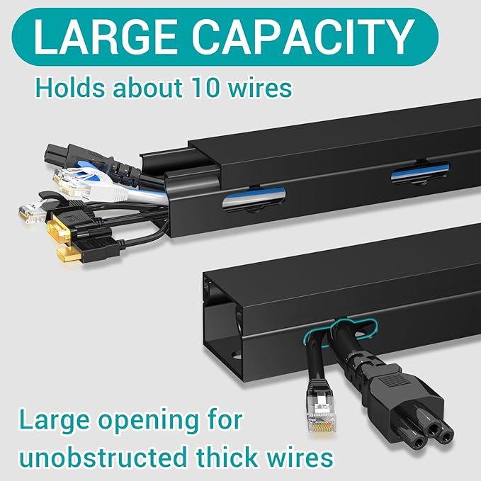Cable Raceway - Magnetic Cable Management Under Desk with Upgraded Aesthetic Large Hole, Cord Organizer Kit for Hiding Computer, Gaming Desk, Network, Power Cord, TV - 8PCS 8x15.7in Black
