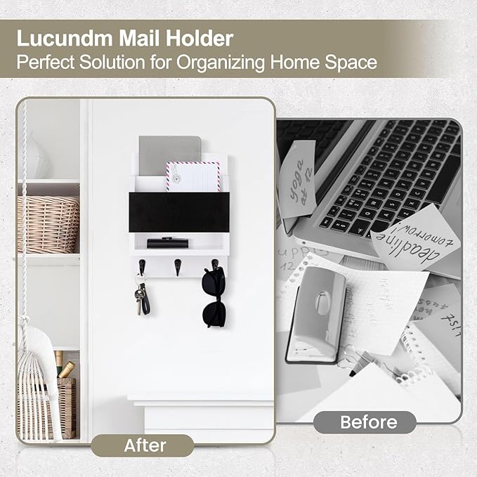 Lucundm Key and Mail Holder for Wall, Key Holder with Chalkboard and Long Storage Box, Key Hanger with 3 Sturdy Hooks for Coat, Dog Leash, Entryway Mail Organizer (White)
