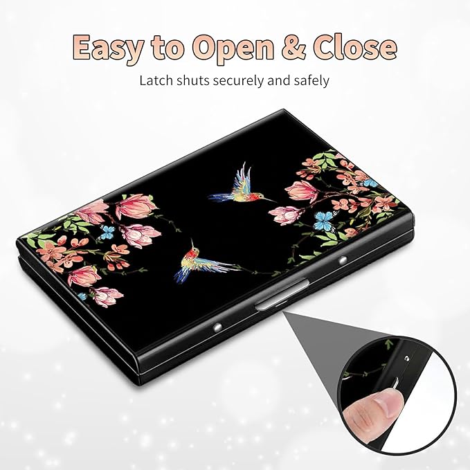 BWEGRHE Slim Credit Card Holder, Hummingbird Floral Sakura RFID Blocking Metal Wallet for Men & Women, Aluminum Minimalist Hard Case Pocket-Sized Business Cards Organizer (Fits Up to 10 Cards)