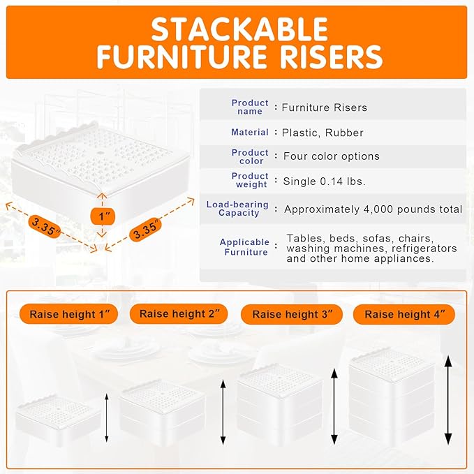 shouwuhho Furniture Risers, 12 Pack Bed Risers with Non-Slip Grip and Heavy Duty Support, 1 Inch 2 Inch 3 Inch 4 Inch Height Lift for Couch, Sofa, Table, Desk, Chair, Refrigerator - White, 1 Inch